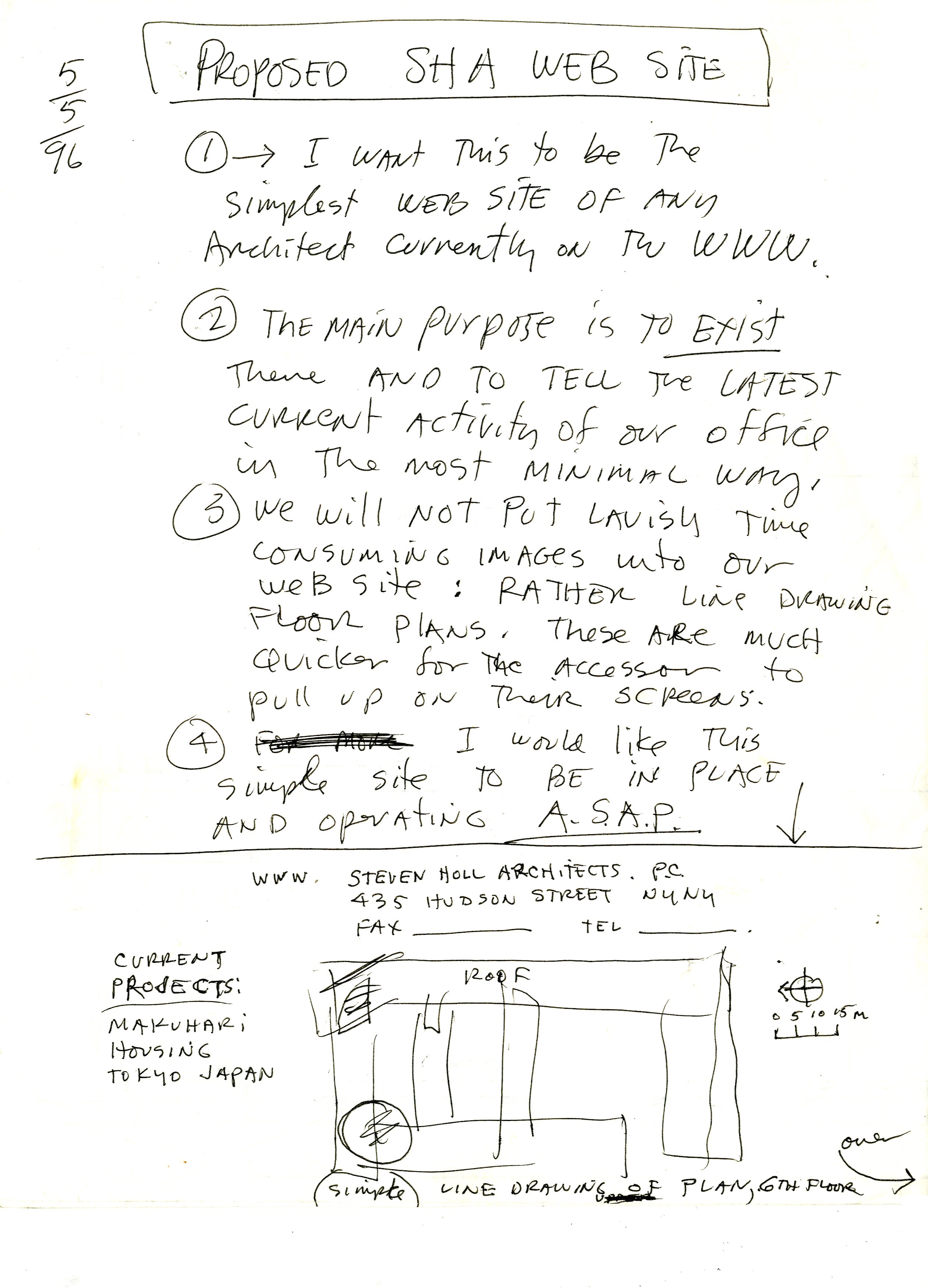 A pencil drawing by Steven Holl, architect, with a vision for his minimal website in 1996. The purpose of the website is to exist.